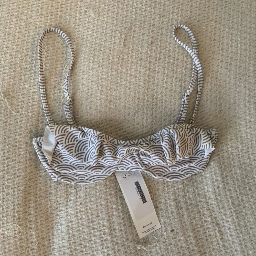 Tori Praver Gray White Ruffle Bikini Top Swim Swimwear Size Small